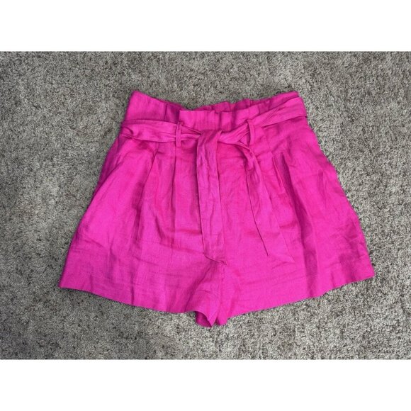 MANGO MNG Pink 100% Linen Paper Bag Shorts Tie Waist High Waist Preppy Casual L - Picture 1 of 9